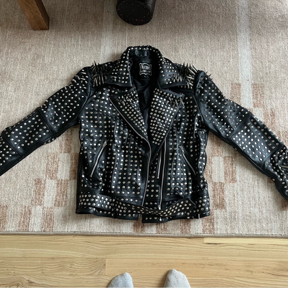 WORN ONCE - Hardcore Punk Spike Black Leather Biker Jacket with Studded Details